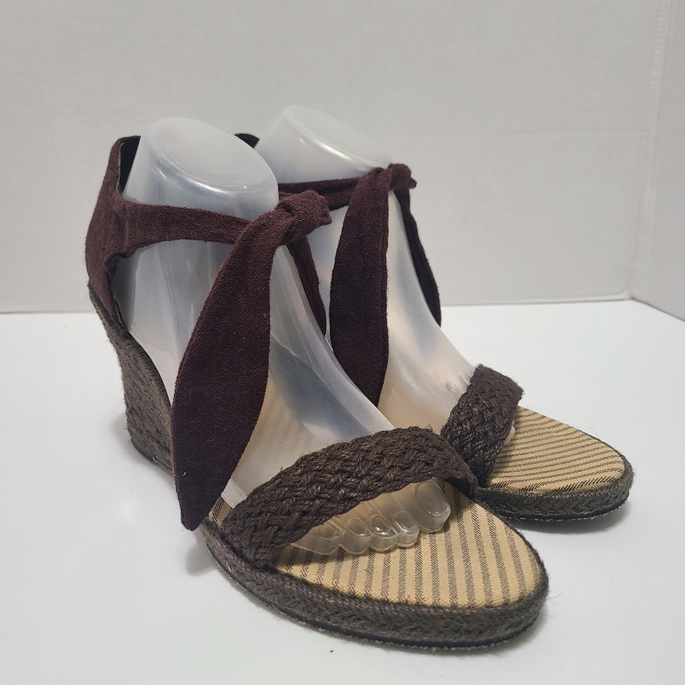 Tommy Hilfiger Open Toe Ankle Tie Wrap Brown  Wedge‎ Sandal Womens Size 11